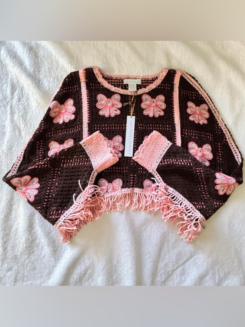House of Harlow 1960 Crochet Floral Sweater Boho Festival Fringe Top - Picture 3 of 8